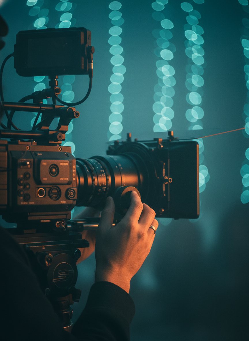 A videographer framing a shot on a cinema camera, shallow depth of field, teal and orange light.