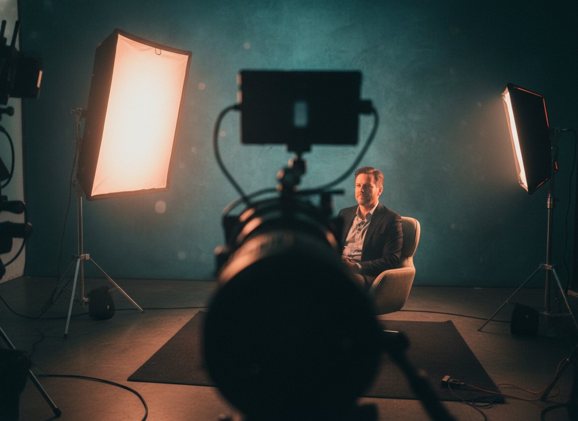 A corporate interview lit with soft key light, cinematic still.