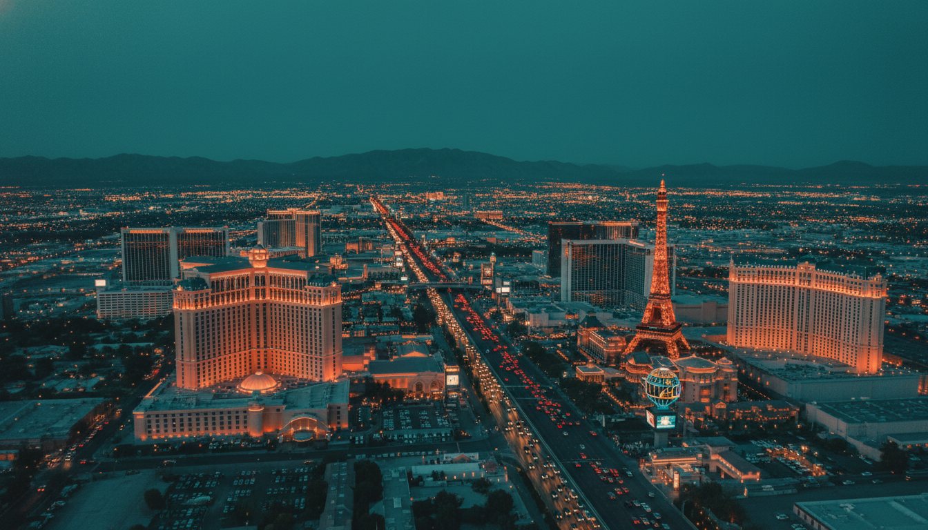 The Las Vegas Strip from a drone at blue hour, cinematic aerial.