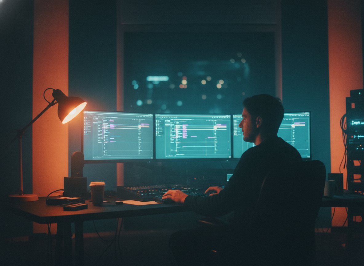 An editing suite at night with cinematic monitors, teal and orange ambience.