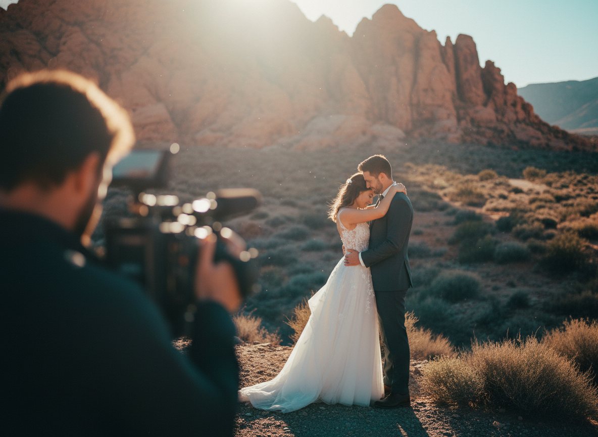 A bride and groom in golden-hour desert light, cinematic wedding still.